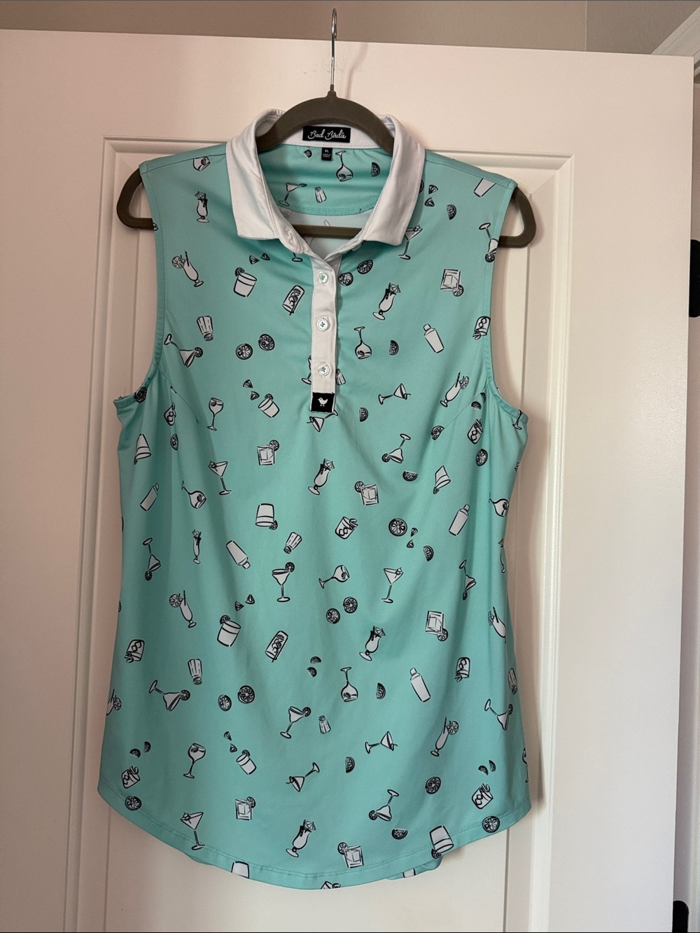 Bad Birdie Mint Sleeveless Polo Tank with White Collar & Cocktail Motif